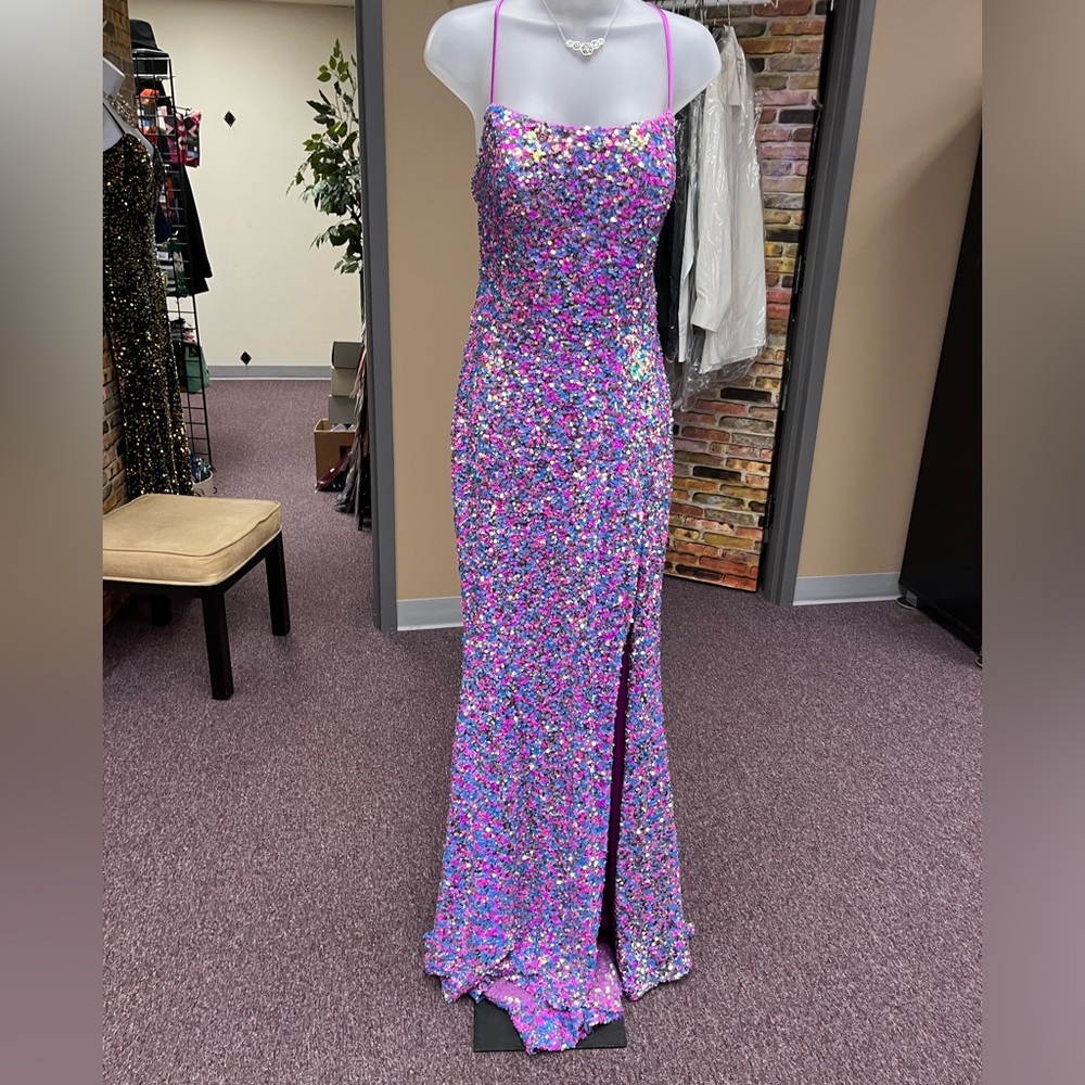 Multi color sequins prom dress w/slit & lace up back